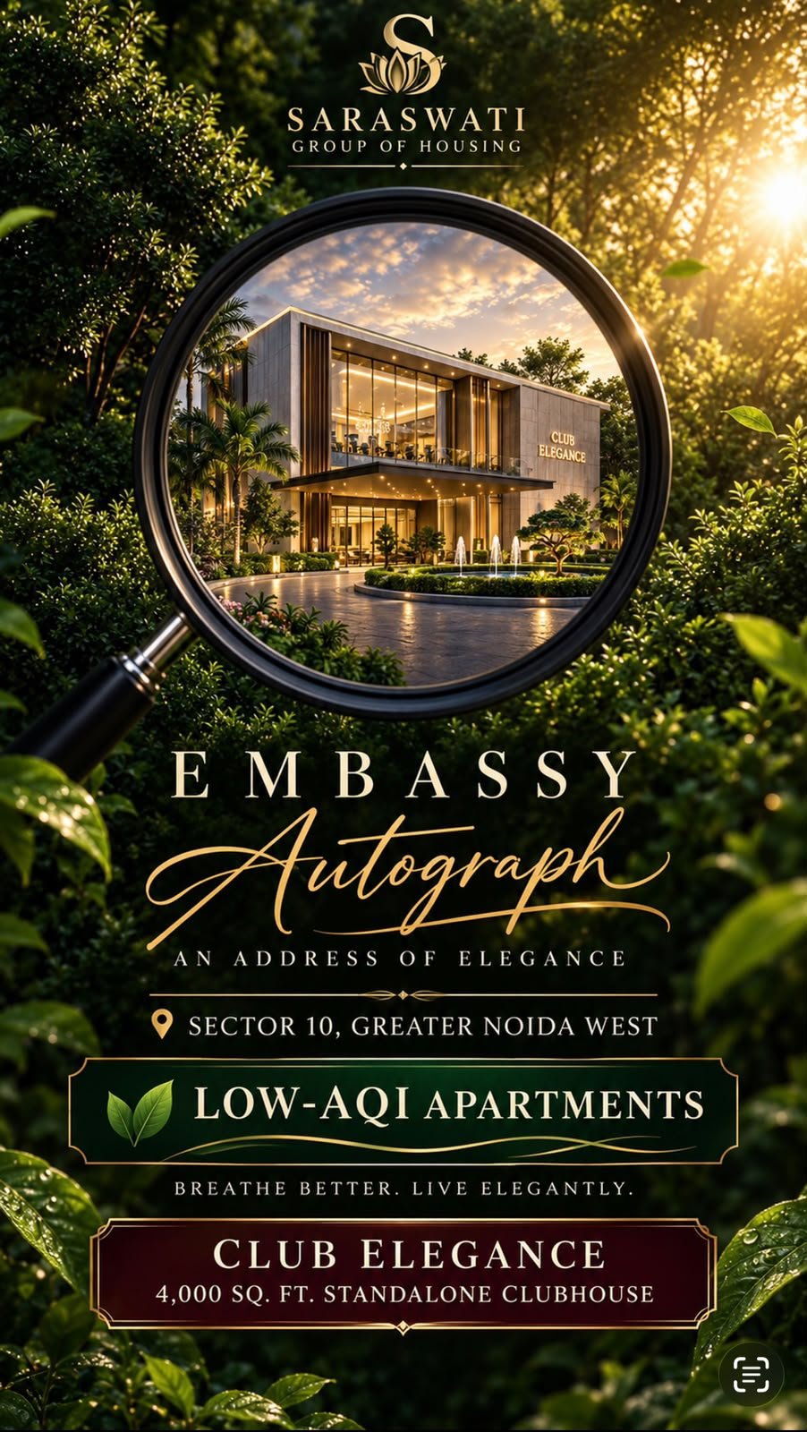Embassy Autograph Club Elegance creative — 4,000 sq. ft. standalone clubhouse in a gated community, Breathe Better Live Elegant