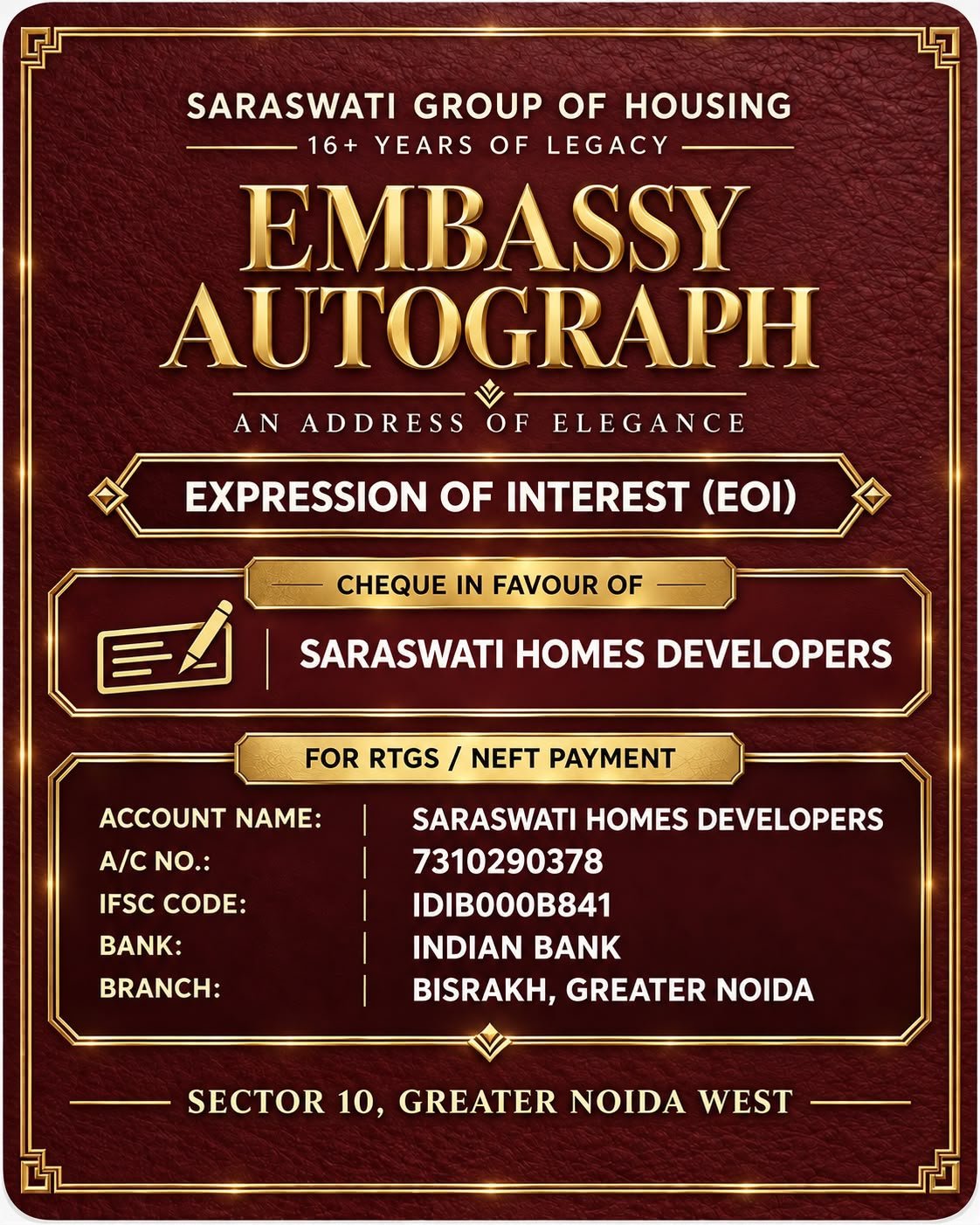 Embassy Autograph promotional creative — premium low-AQI apartments in Sector 10, Greater Noida West by Saraswati Group of Housing