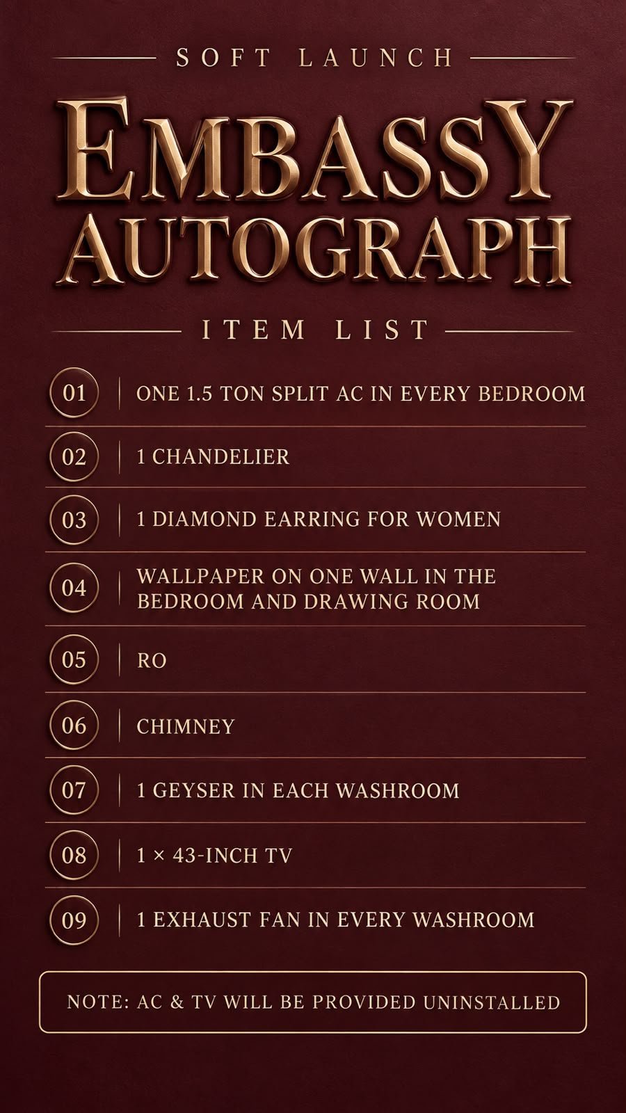 Embassy Autograph soft launch item list creative — inclusions numbered 01 to 09